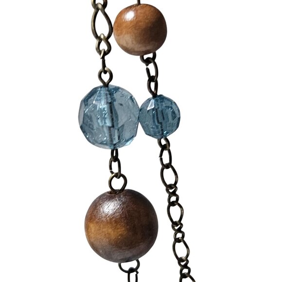 Elegant Beaded Bronze Chain Double Strand Necklace Blue Glass Wooden Beads Women - Picture 3 of 6